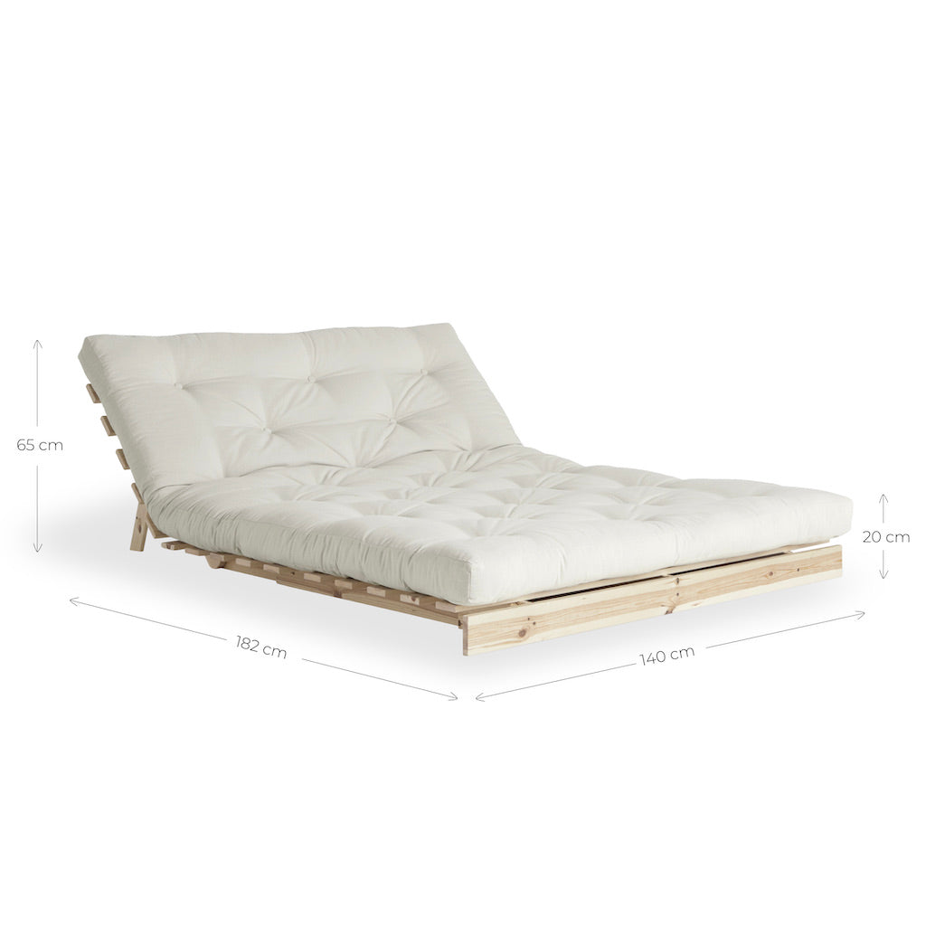 Roots 140 vuodesohvan mitat. Roots 140 vuodesohva, runko käsittelemätön, kangas Natural.