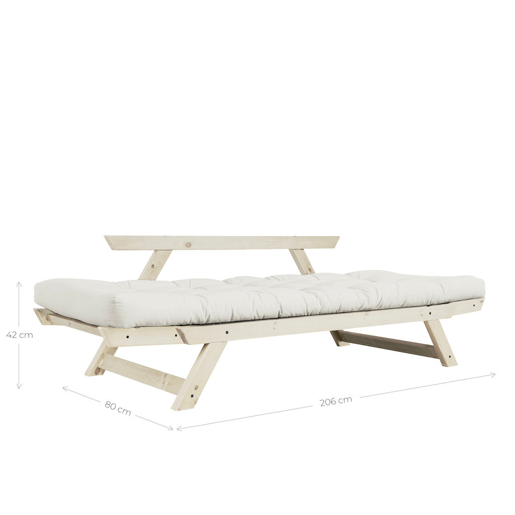 Bebop vuodesohvan mitat. Kuvassa Bebop vuodesohva, runko luonnonvärinen, kangas Natural.