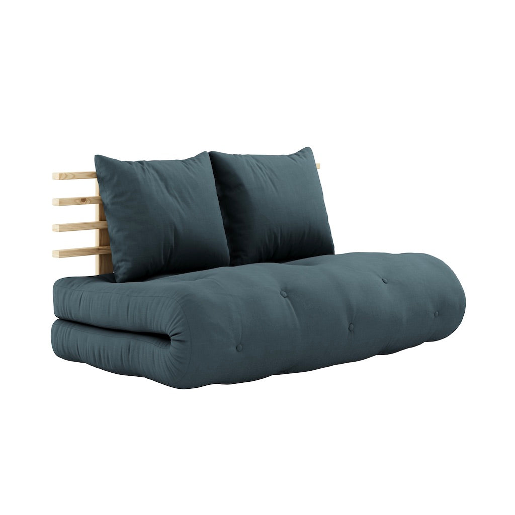 Shin Sano vuodesohva, runko luonnonvärinen, kangas Petrol Blue.